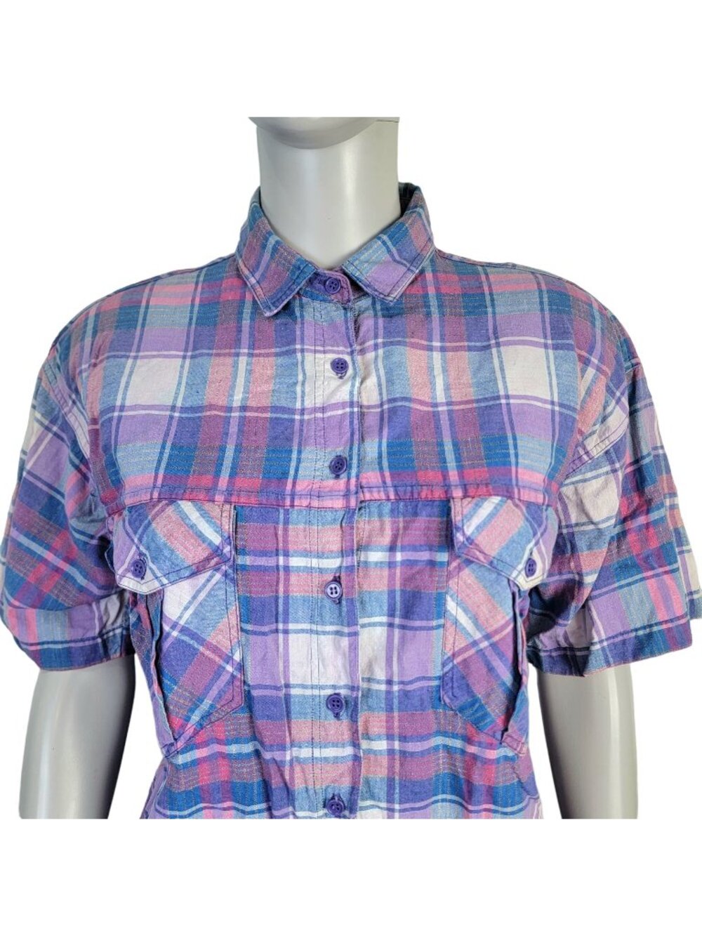 Vintage 80s Plaid Shirt Women Large Blue Pink Short Sleeve Collar Top 12 Summer